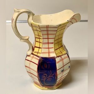 19th Century Gaudy Welsh Unrecorded Plaid Grid Pattern Jug Handled Pitcher